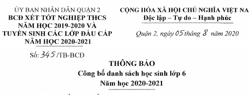 THÔNG BÁO
Công bố danh sách học sinh lớp 6
Năm học 2020  - 2021